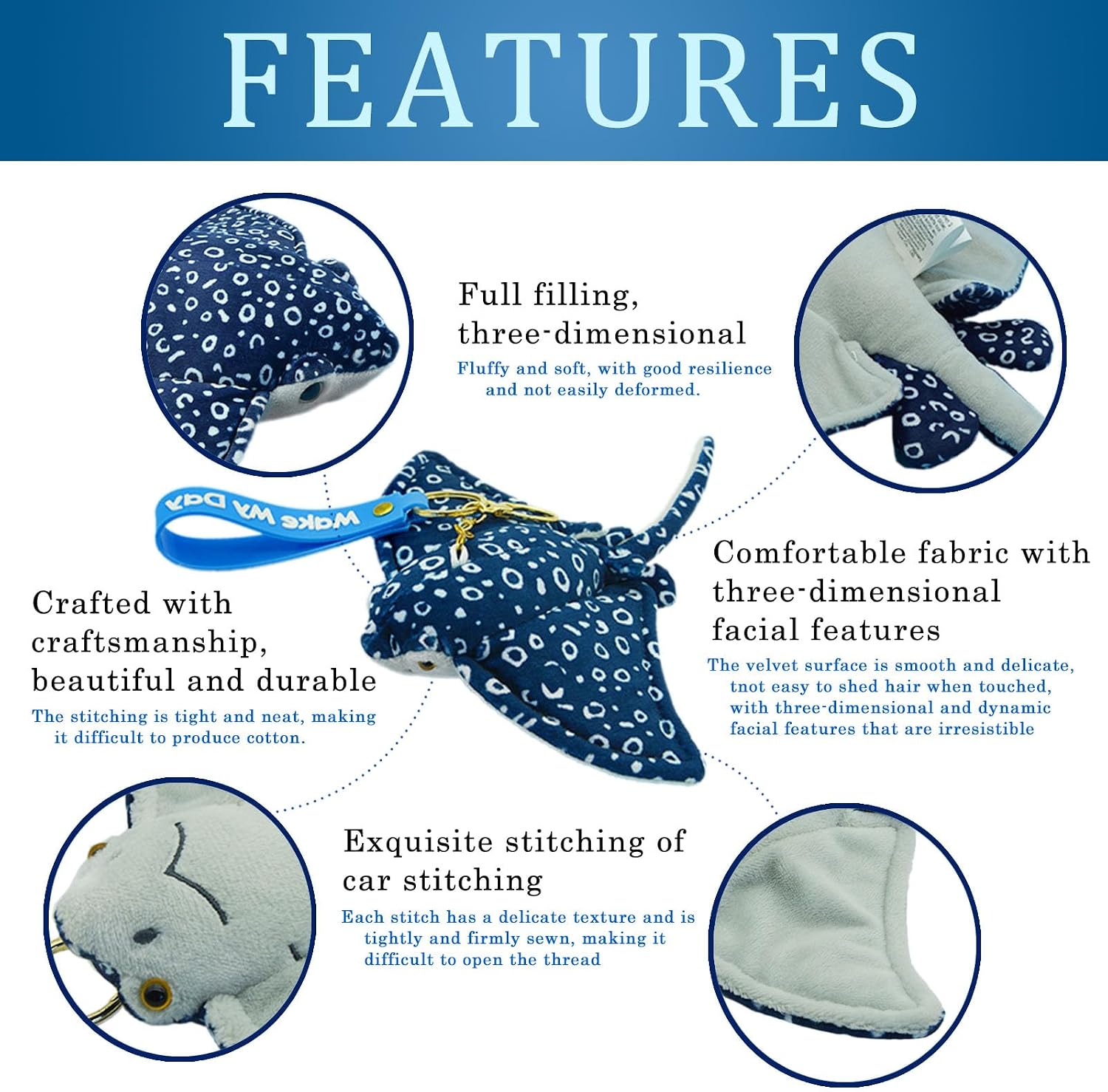 Make My Day Wild Stuffed Animals Soft Plush Collection Animal Gifts for Children Simulation Manta Ray Plush Toy Stingray Sea Creature Stuffed Animals Spot Blue Manta Ray 16"+8'' 2Pack