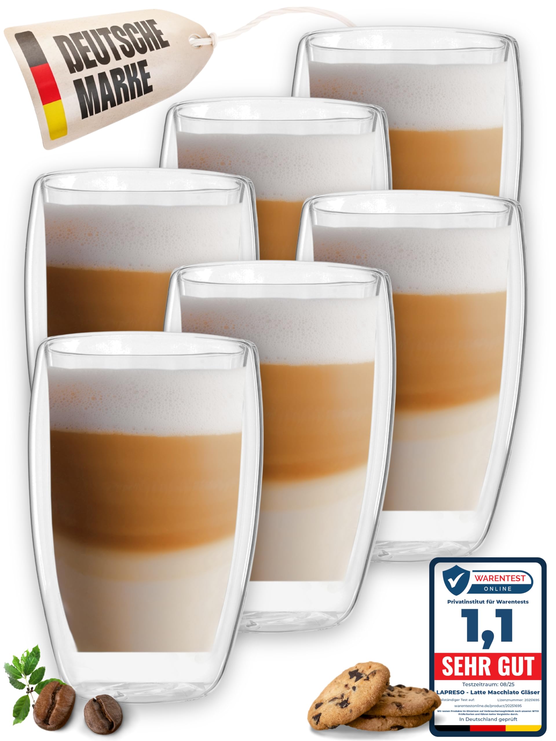 LAPRESO® Latte Macchiato Gläser doppelwandig 6er Set 450ml - Doppelwandige Gläser modernes Design Cappuccino Tassen Teegläser aus Borosilikatglas