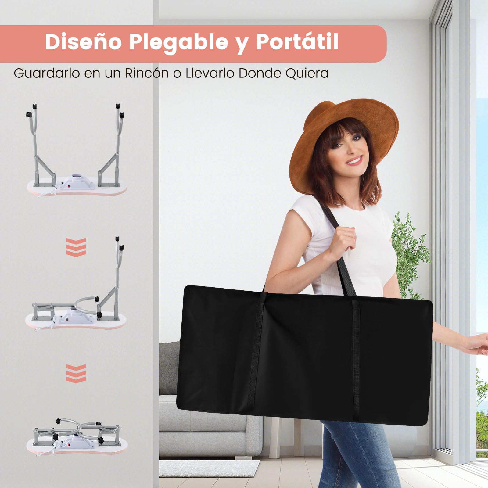 COSTWAY Mesa de Manicura Plegable con Colector de Polvo Eléctrico, Mesa Portátil para Uñas con Lámpara LED Ajustable, 3 Bolsas de Polvo, Bolsa de Transporte y 4 Ruedas Bloqueables para Spa (Rosa)