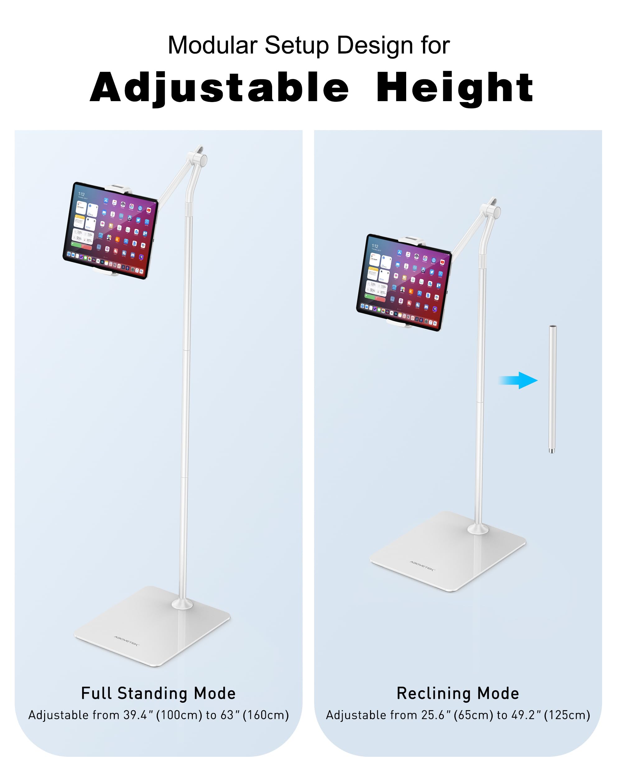 AboveTEK Tablet-Bodenständer, Stilvoller Verstellbarer iPad-Ständer, Aluminium-Halterung mit 360° Rotation für Sofa und Bett, Kompatibel mit 4,7"-13,5" Handy iPad Pro Air Mini Kindles (Weiß)