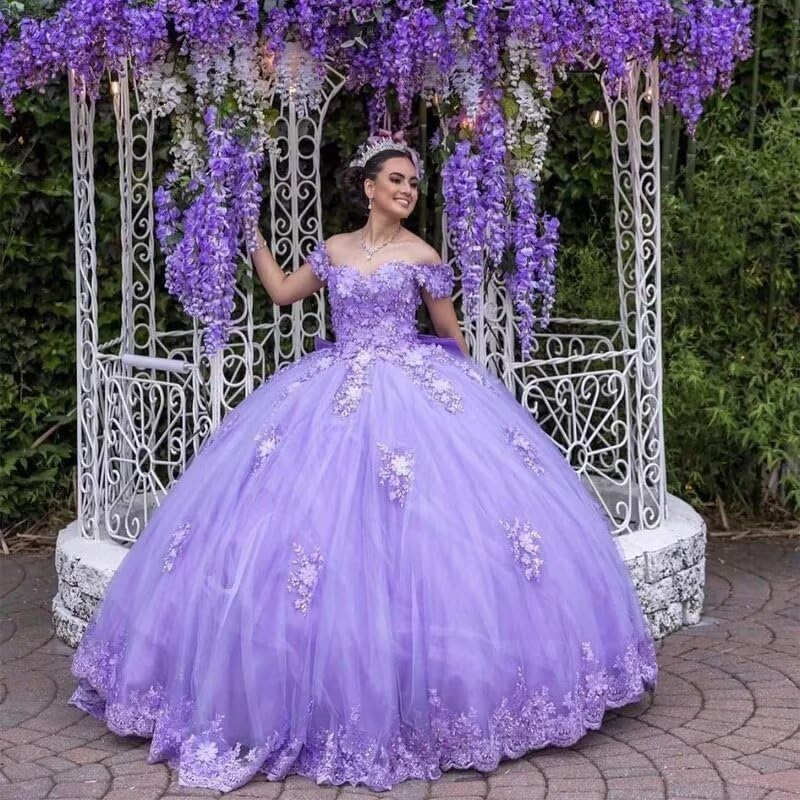 ZVOCY 3D Flower Quinceanera Dresses for Sweet 15 16 Off The Shoulder Lace Beaded Princess Long Ball Gowns with Big Bow3