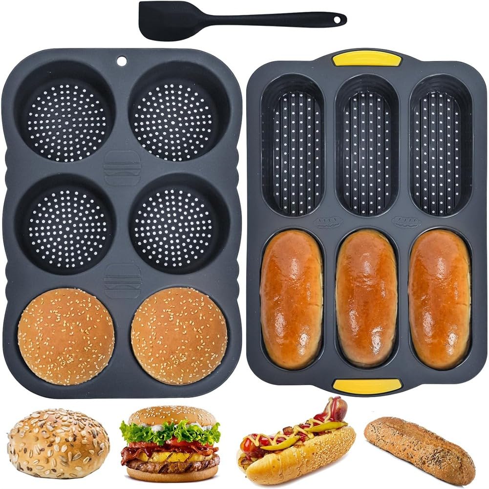 CTRLZS 3Pcs Silicone Hot Dog & Hambergur Buns Pan Set,6 Cavity Nonstick -Bread Loaf Mold,for HamBurger,Hotdog,Oven Safe