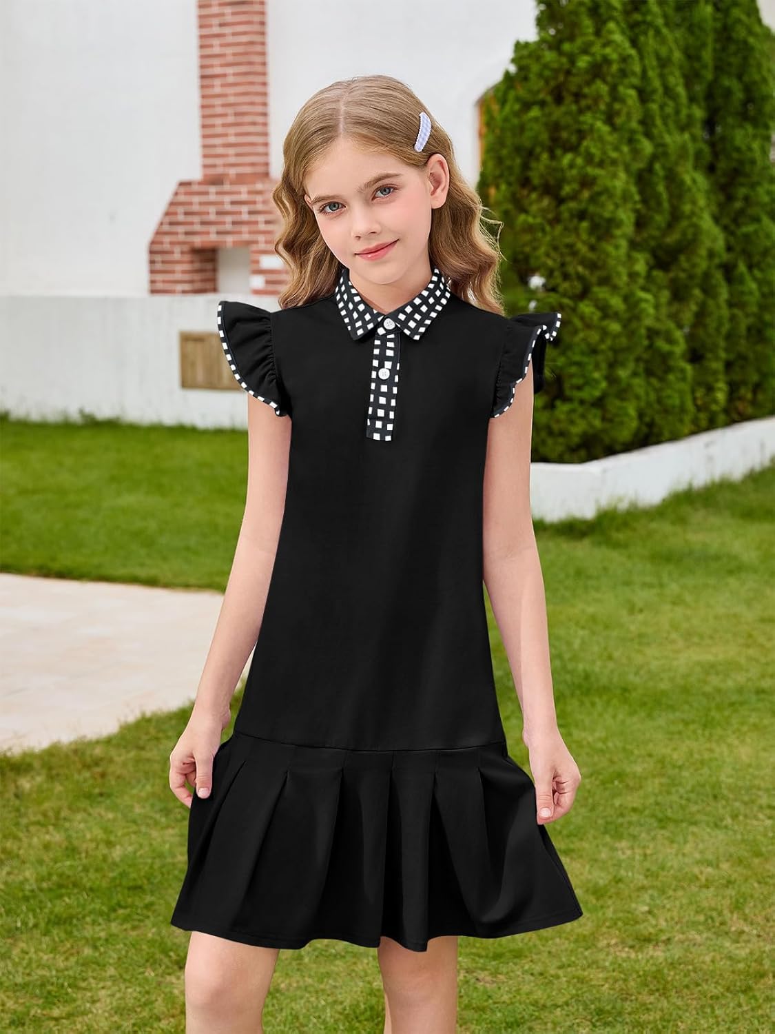 Haloumoning Girls Ruffle Sleeve Summer Dress Kids Casual Pleated School Uniform Polo Dresses 5-14 Years - Image 2