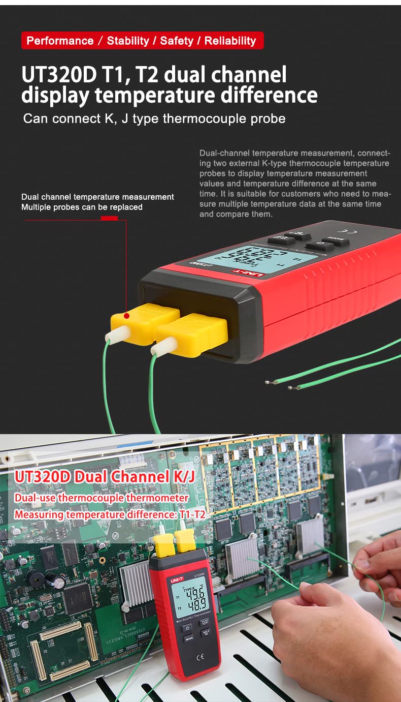 UT320D -50℃ ~ 1300℃ Mini dwukanałowy termometr termoparowy z podświetleniem LCD K/J z sondą