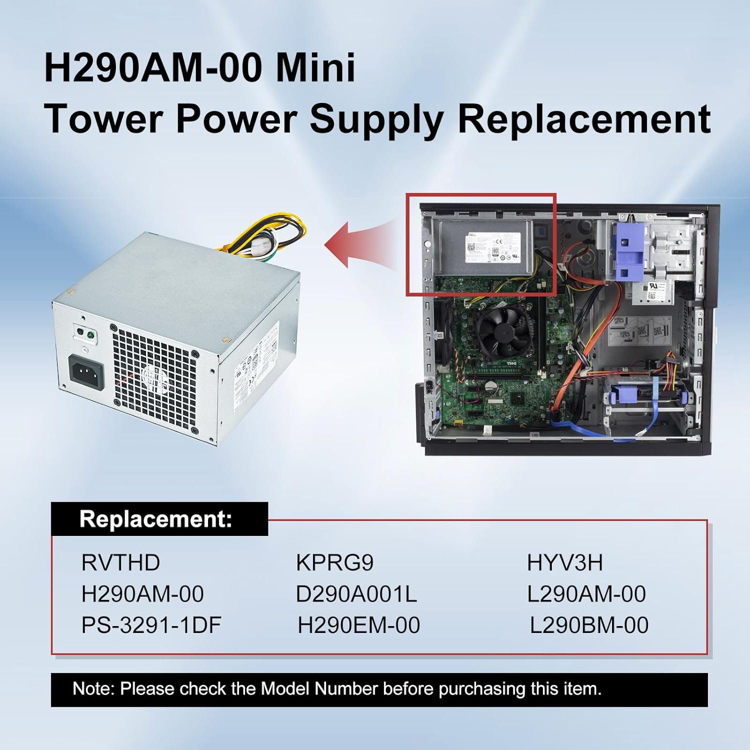 LXun 290W Power Supply Replacement for Dell Optiplex 3020 7020 9020 Precision T1700 PowrEdgeT20 (MT Mini Tower) H290AM-00 RVTHD KPRG9 HYV3H D290A001L L290AM-00 PS-3291-1DF H290EM-00 Dell Optiplx PSU