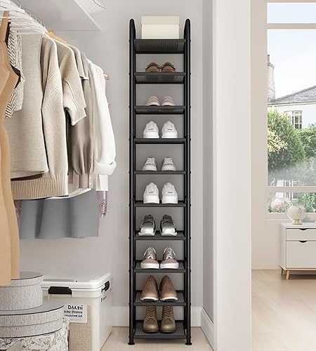 Miniatura 4 de STO STO Zapatero estrecho de 10 niveles con estantes de malla resistente, organizador de zapatos de metal delgado y alto para entrada, armario
