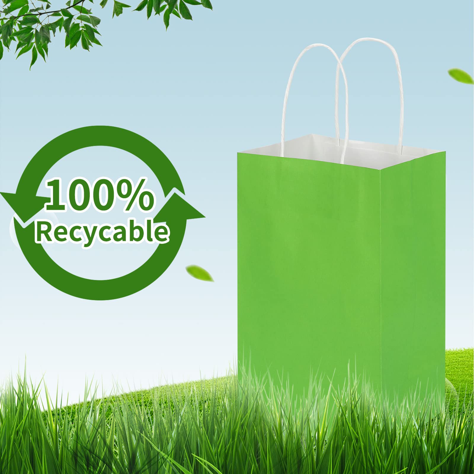 100 Pack 5.25x3.25x8.25 Inch Small Grass Green Kraft Paper Bags with Handles Bulk, Toovip Gift Wrap Bags for Favor Grocery Retail Party Birthday Shopping Business Goody Craft Merchandise Takeout Sacks