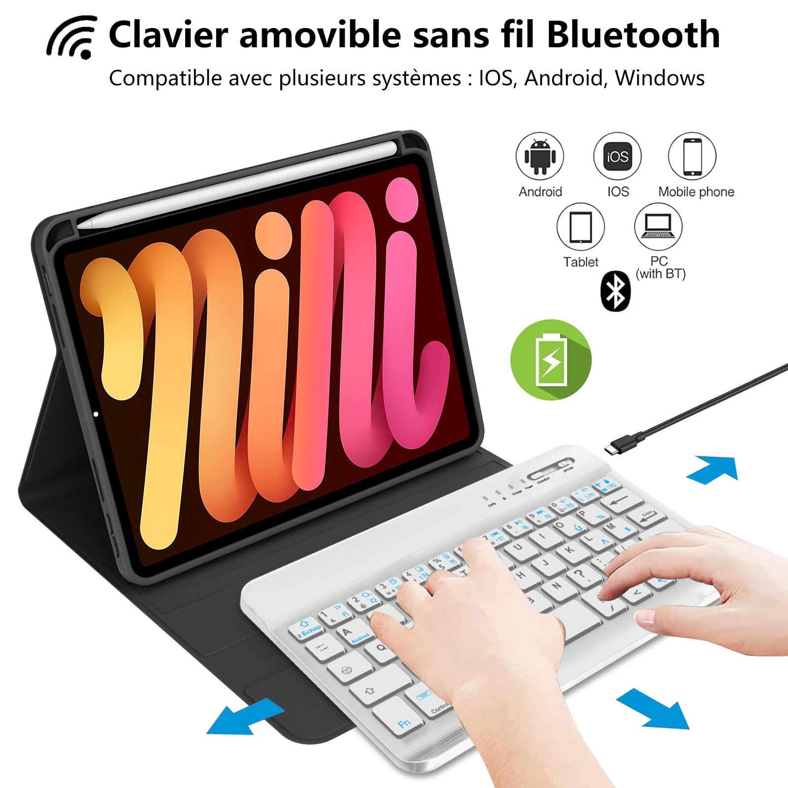 Coque Clavier Bluetooth Rétroéclairé Pour IPad Mini 7/6 (8.3") - Clavier AZERTY Détachable - Ports De Charge Et Protection