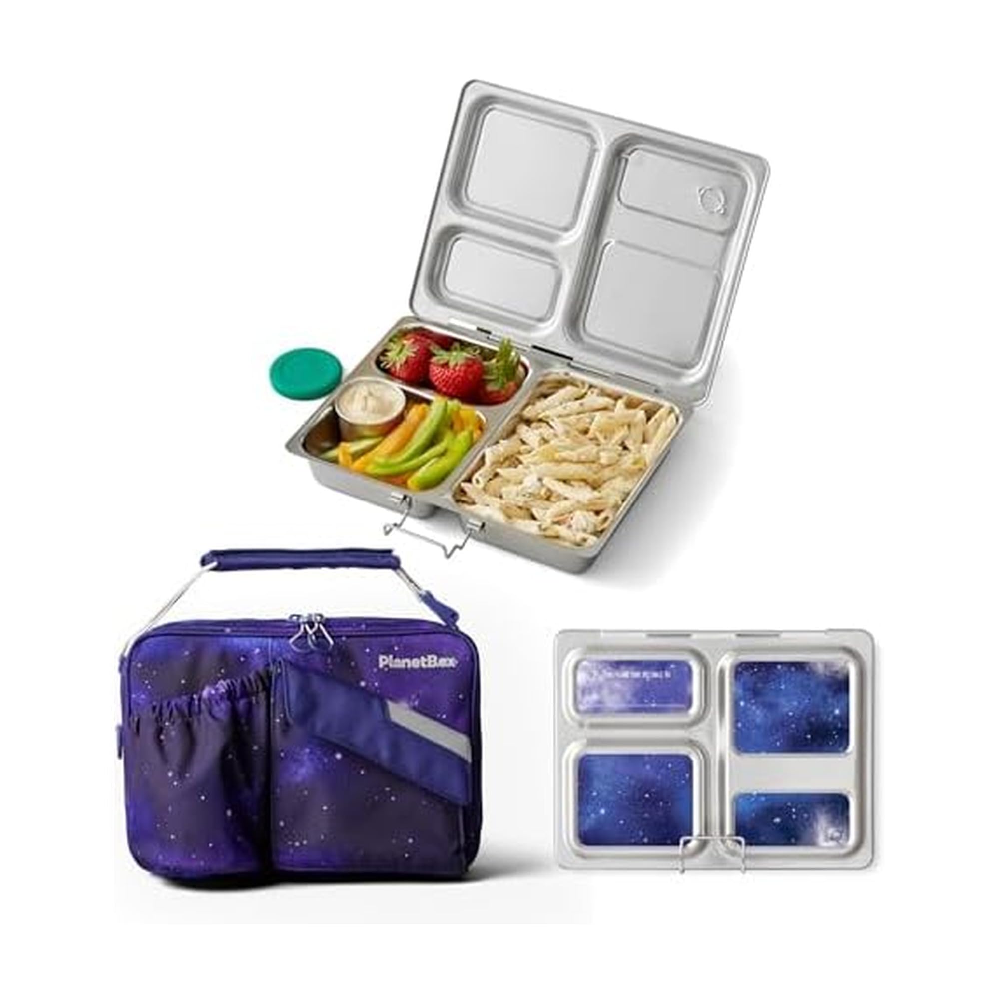 PlanetBox Launch Stainless Steel Bento Box Style Lunch Box Kit for Kids and Teens with 3 Compartments, Stardust Edition Includes Insulated Lunch Bag, Leakproof Food Containers and Matching Magnets
