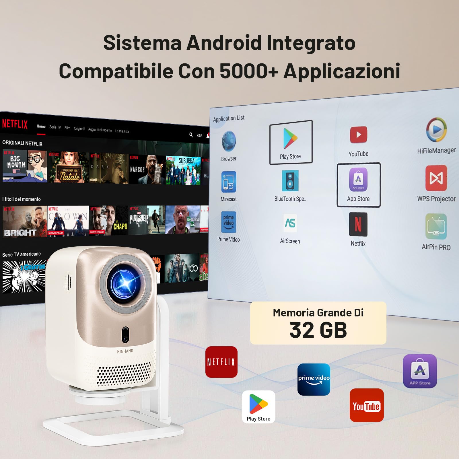 Proiettore【Auto Focus/Keystone & Rotazione a 360°】Smart Projector Portatile con Android OS,Supporto 4K,1080P Nativo,450 ANSI,WiFi 6 Bluetooth 5.2,Home Cinema Proiettore per iOS/Android/PS5/USB/HDMI