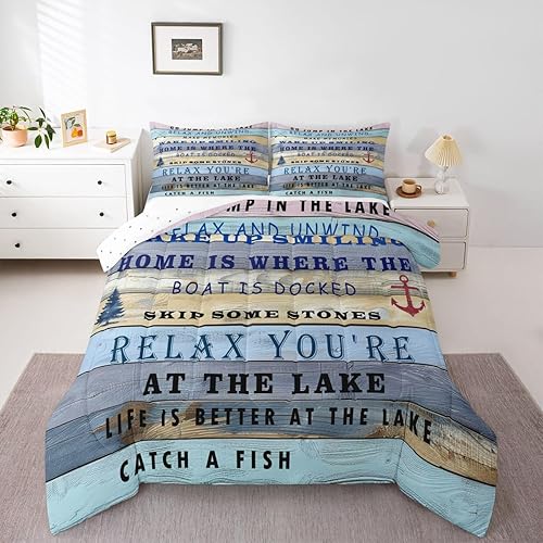 Miniatura 19 de Juego de edredón de decoración de casa de lago para dormitorio, ropa de cama de remo de lago, juego de ropa de cama de cabaña vintage con diseño