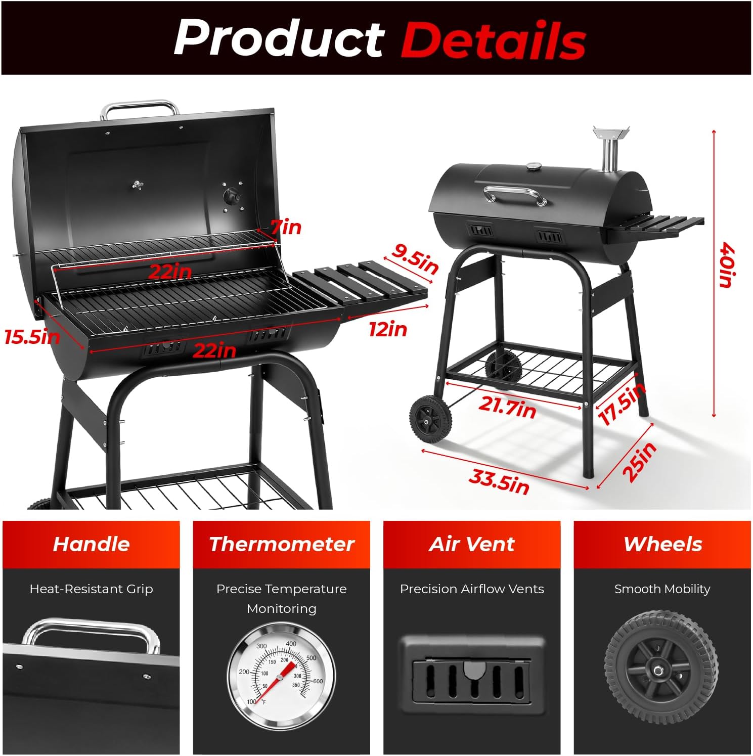 VINGLI Upgraded Barrel Charcoal Grill with 2 Sides Table, BBQ Grill Outdoor Smoker with Wheels for Party Garden Patio and Backyard Cooking 39''D × 24''W × 46''H (Upgraded Grill w/Side Table)