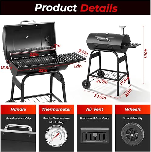 Miniatura 6 de Outvita Parrilla de carbón de barril con estante de calentamiento, parrilla de barbacoa al aire libre con mesa frontal lateral con amplia área de