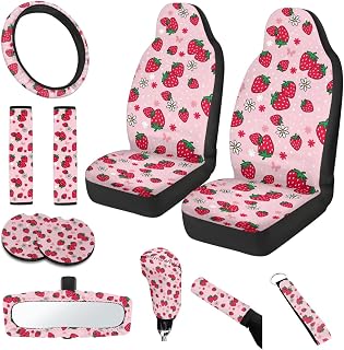Cute Strawberry 11 Pieces Car Seat Covers Sets with Auto Seat Belt Cover Steering Wheel Cover Gear Lever Cover Hand Brake Cover Car Decor Accessories Fit for Cars SUV