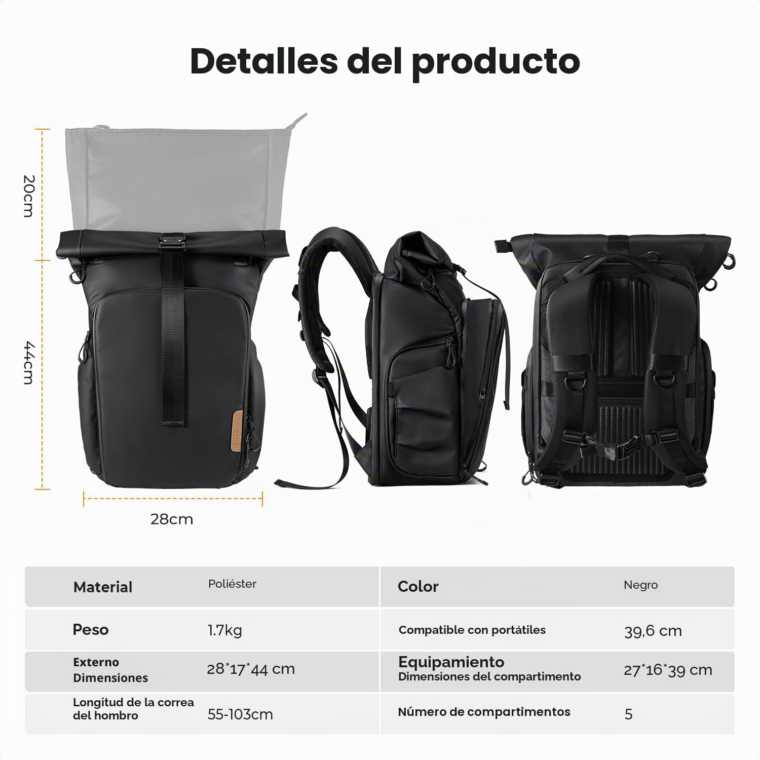 K&F CONCEPT Mochila para Cámara, Mochila Fotográfica Impermeable con Compartimento para Laptop de 15.6 Pulgadas, Tapa Enrollable y Bolsillo Delantero Expandible con Acceso Lateral para Fotógrafos