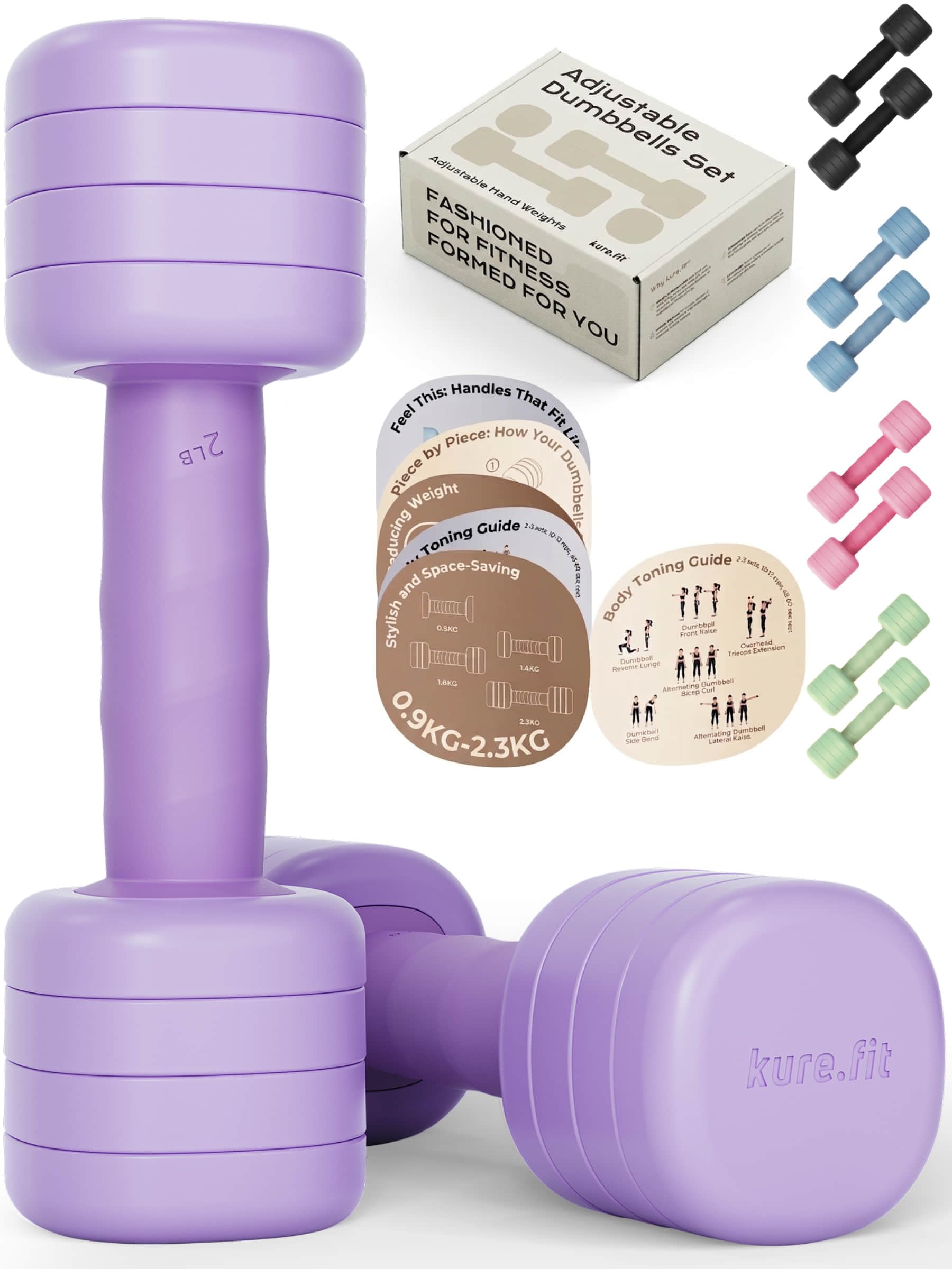 kure.fit Adjustable Dumbbell Set (0.9–2.3kg) | One-Twist Weight System | Ergonomic Non-Slip Grip | Home Gym Dumbbells for Pilates, Yoga, Rehab & Light Strength Training | For Women