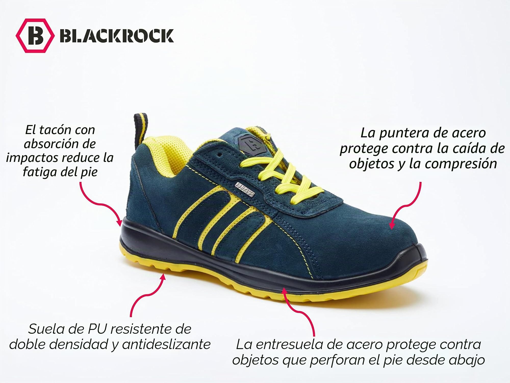 Blackrock Hudson Zapatos de seguridad con puntera de acero, Hombre y Mujer, Ropa de trabajo, Antideslizantes, Calzado ancho, Ante, Azul/Amarillo, 39