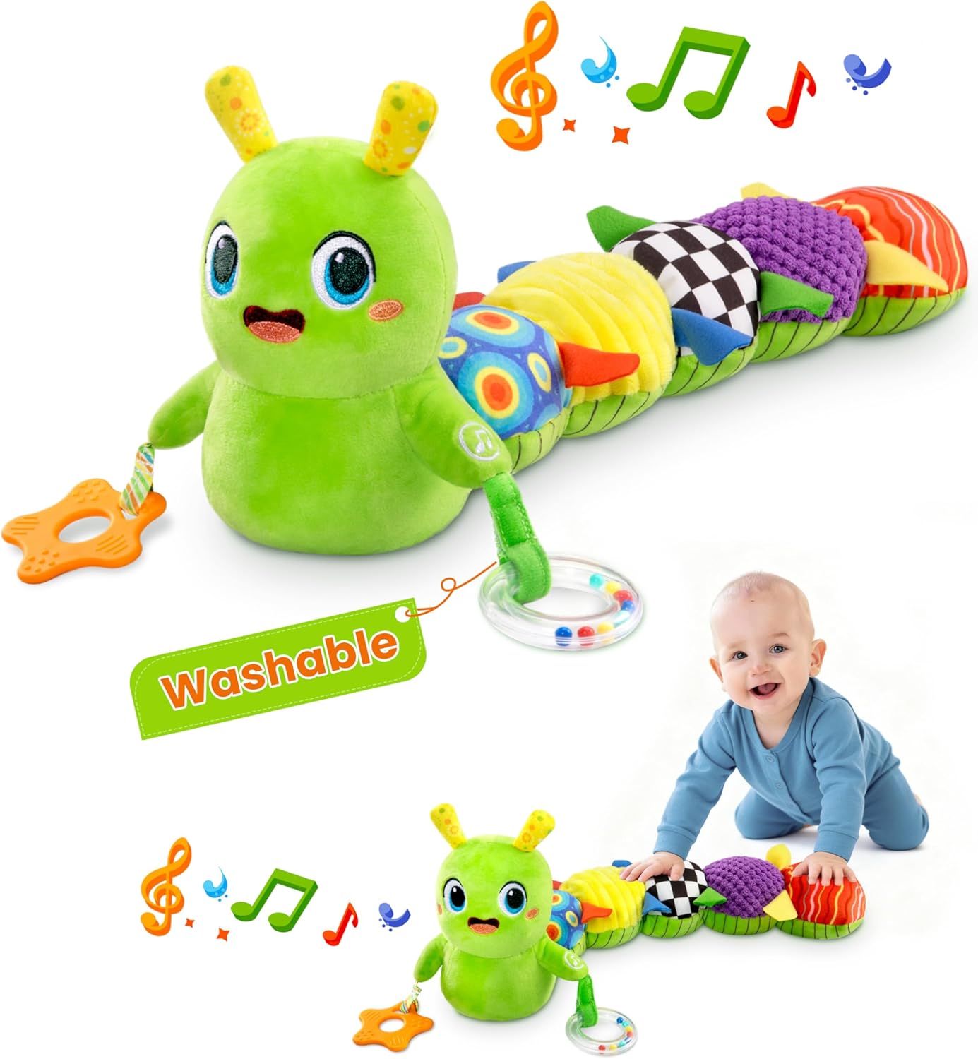 gogonova Baby Musical Caterpillar Toy 0-12 Months, Washable Teething Rattle with 10 Kids Songs, Infant Tummy Time Toy for Newborn Boys Girls (Green)