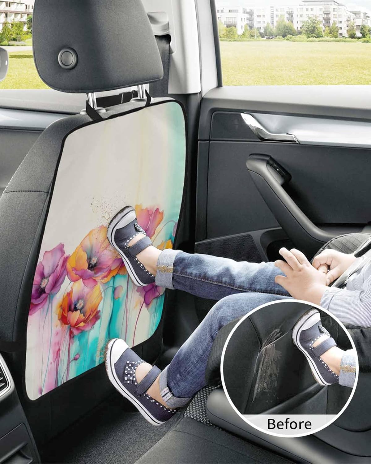 T&H XHome Car Seat Protector, 2 Pack Kick Mats Back Seat Protector Spring Floral Watercolor Poppy Botanical Pattern Waterproof Backseat Cover for Kids Universal Fit Automotive Interior Protectors