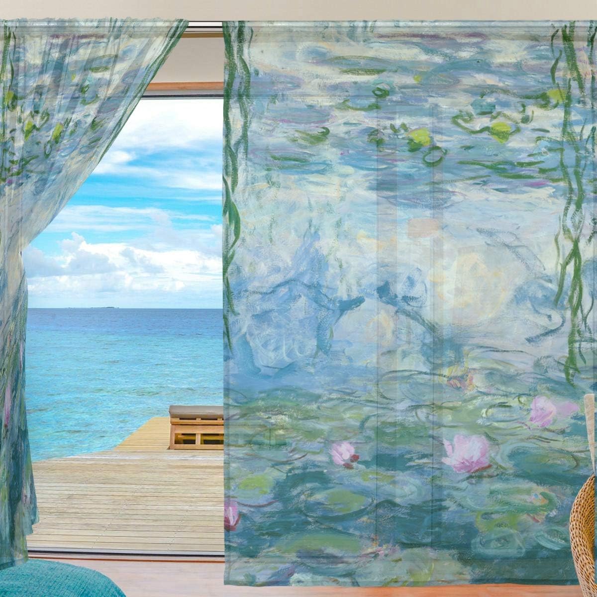Sheer Panel Curtains 55"x78" Water Lilies by Claude Monet Oil Paintings Flowers Bedroom Living Room Home Decor Sheer Curtain Drape 1 Pair