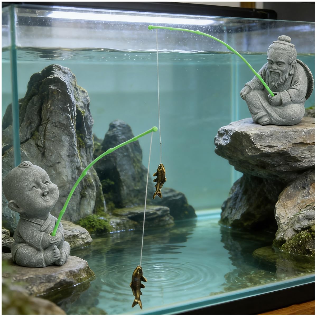 2Pcs Aquarium Mini Fisherman Statue Japanese Little Fishing Figurines for Fairy Garden Aquarium Pond Bonsai Fish Tank Accessories Decor (G)