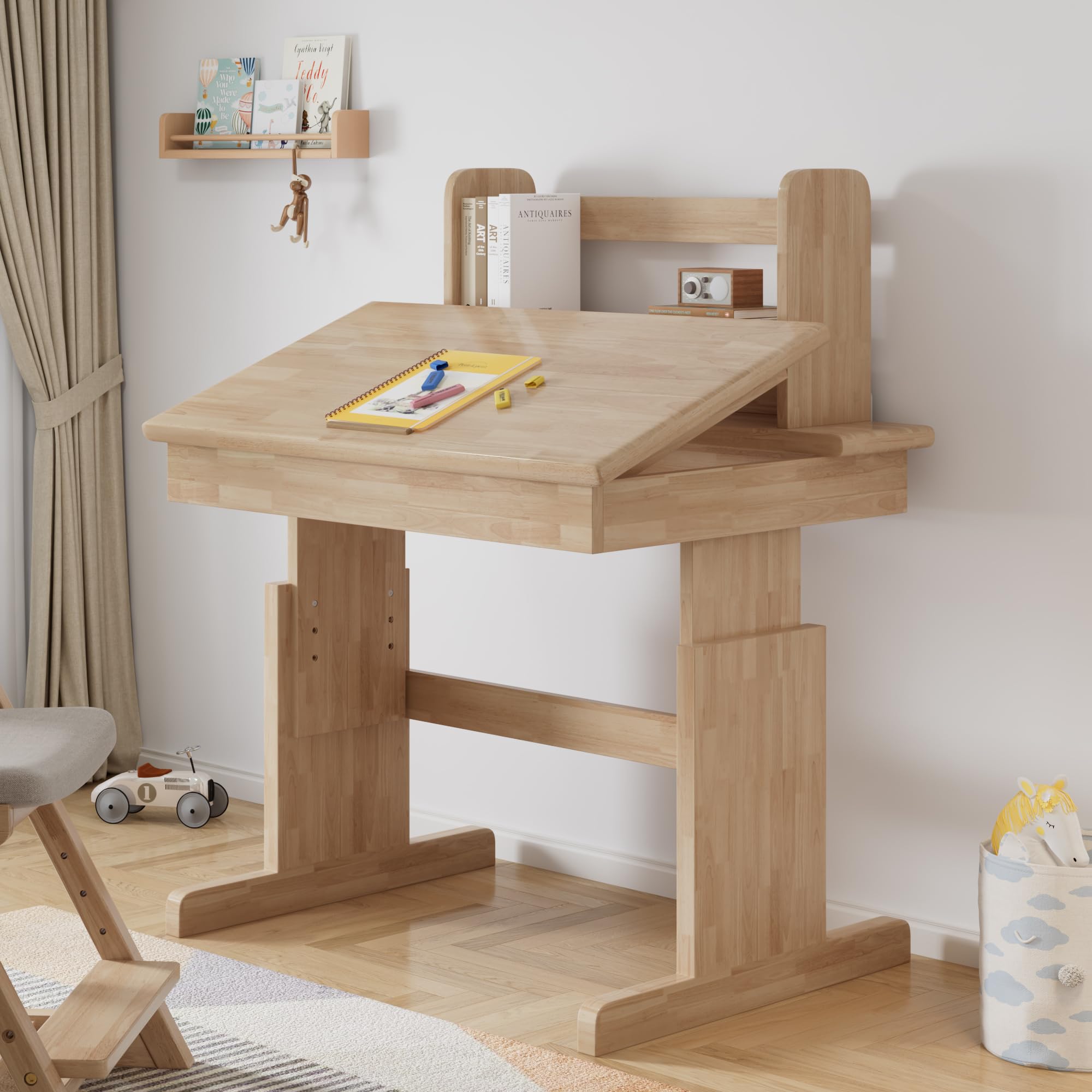 MURUL Mesa infantil multifunción de madera maciza regulable en altura, plegable, sujetalibros, certificado de seguridad, para niños a partir de 6 años