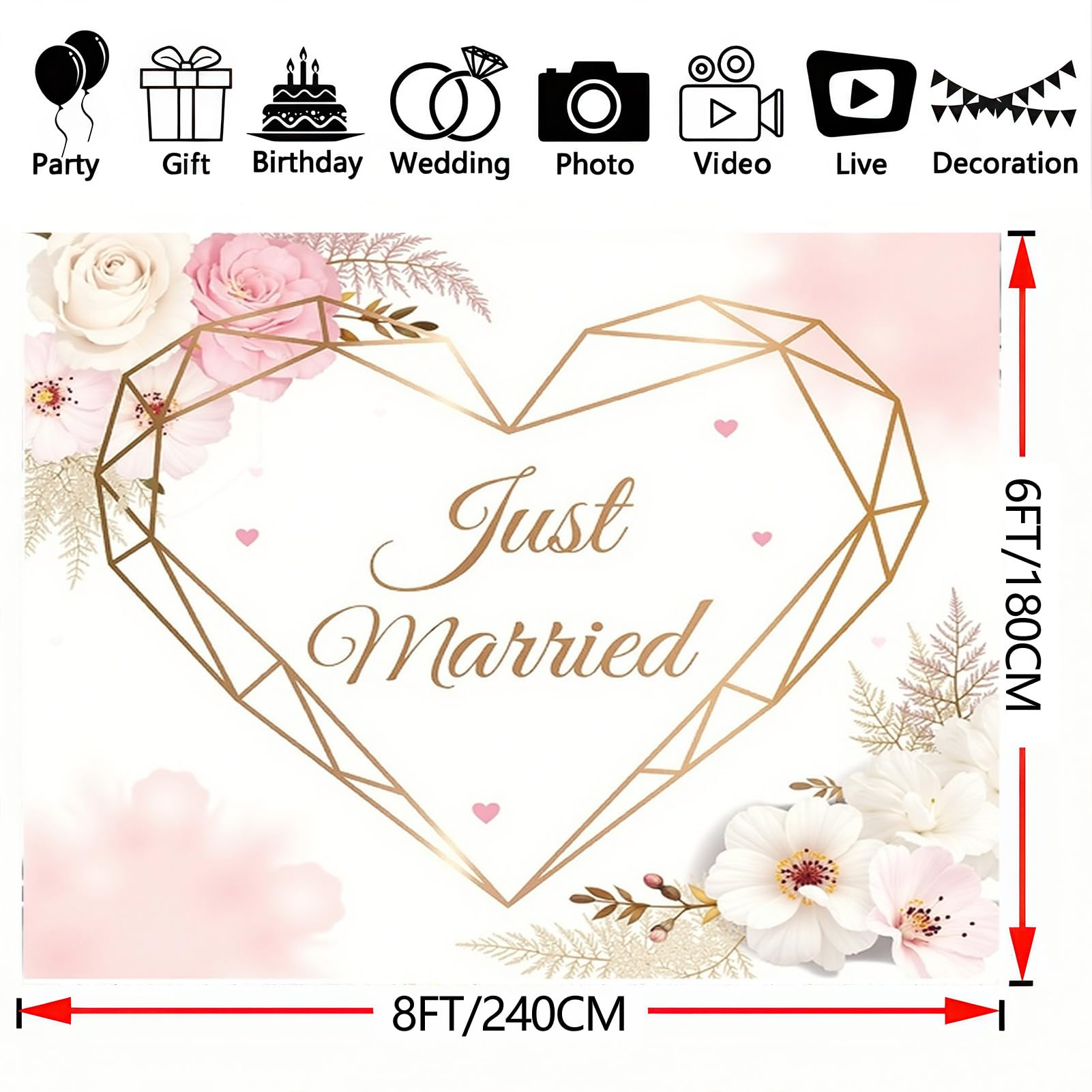 Fotohintergründe mit Aufschrift "Just Married", 238,8 x 180,3 cm, Polyesterstoff, das Herz der Ehe, Hochzeitsdekorationen, Fotohintergrund, Herz, Fotoshooting, Dekoration, Requisiten