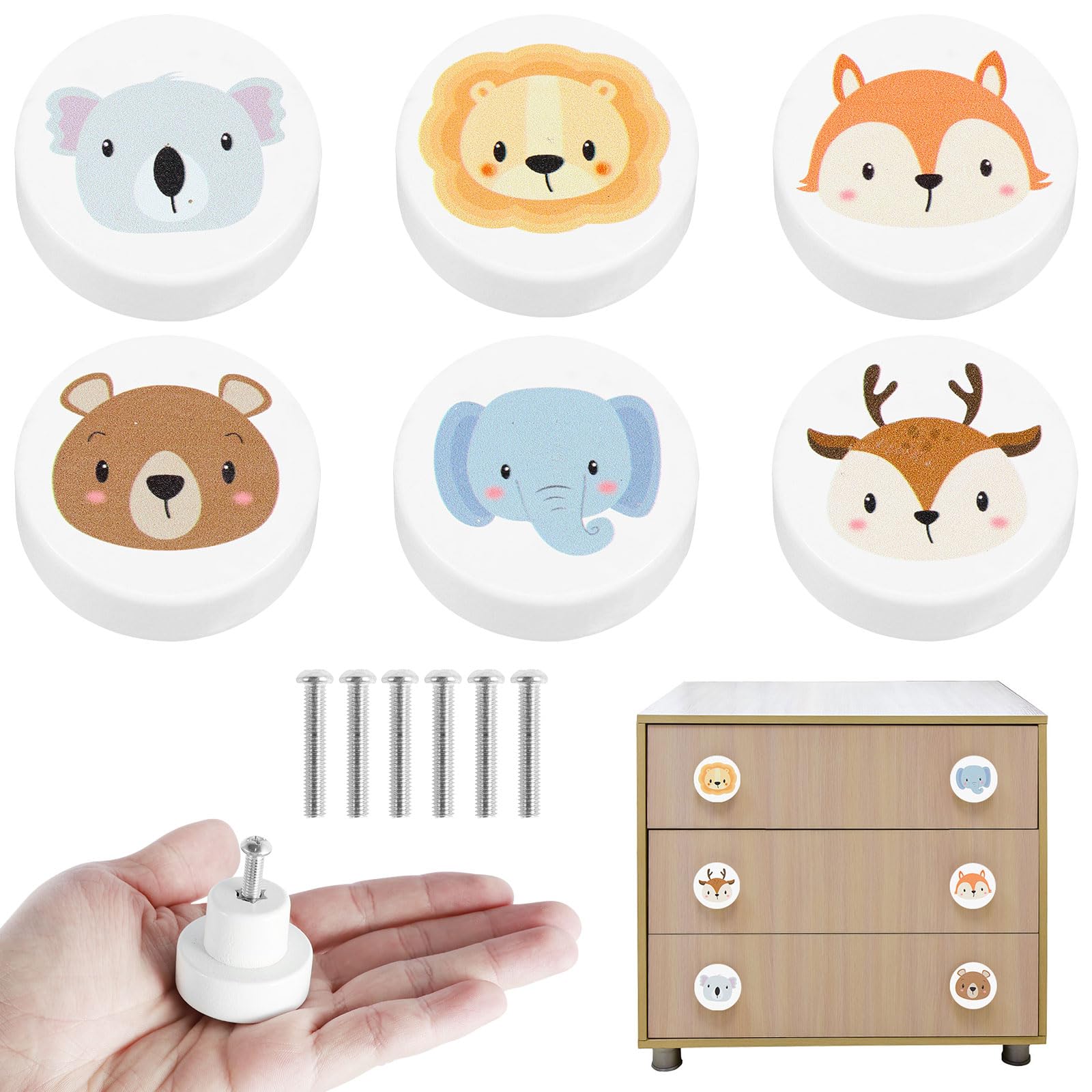 6PCS Cute Animals Wooden Drawer Knobs with Round Screws - Cabinet & Closet Dresser Handles for Kids Room Furniture