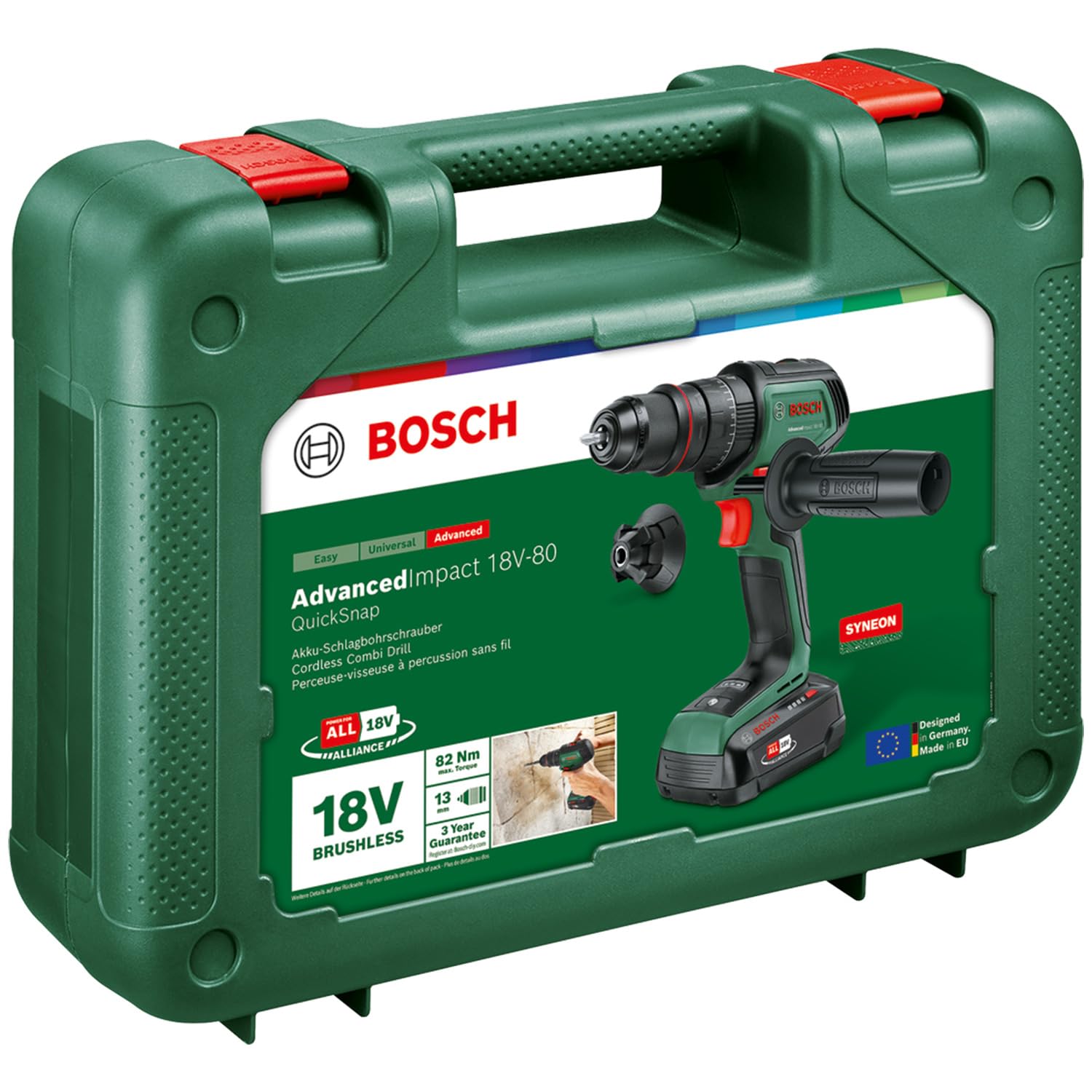 Bosch trapano battente-avvitatore batteria AdvancedImpact 18V-80 QuickSnap (foratura a percussione/avvitamento; 18V; brushless; 82Nm; mandrino metallo 13mm; batteria e caricabatt.)