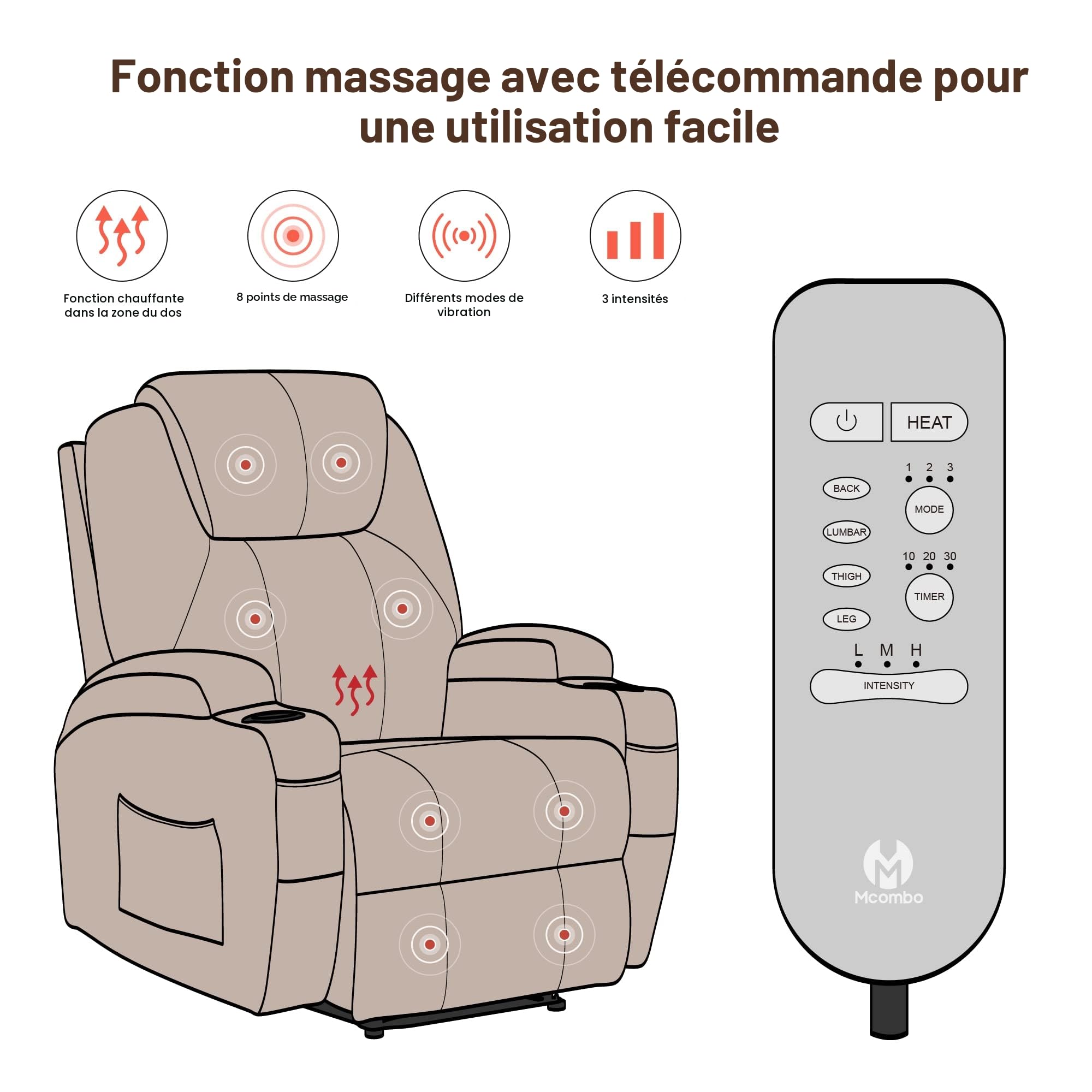 M MCombo Fauteuil Relax électrique Fauteuil de Massage Fauteuil TV Fonction inclinable Vibration Chauffage 7061 Nouveau modèle (Similicuir crème)