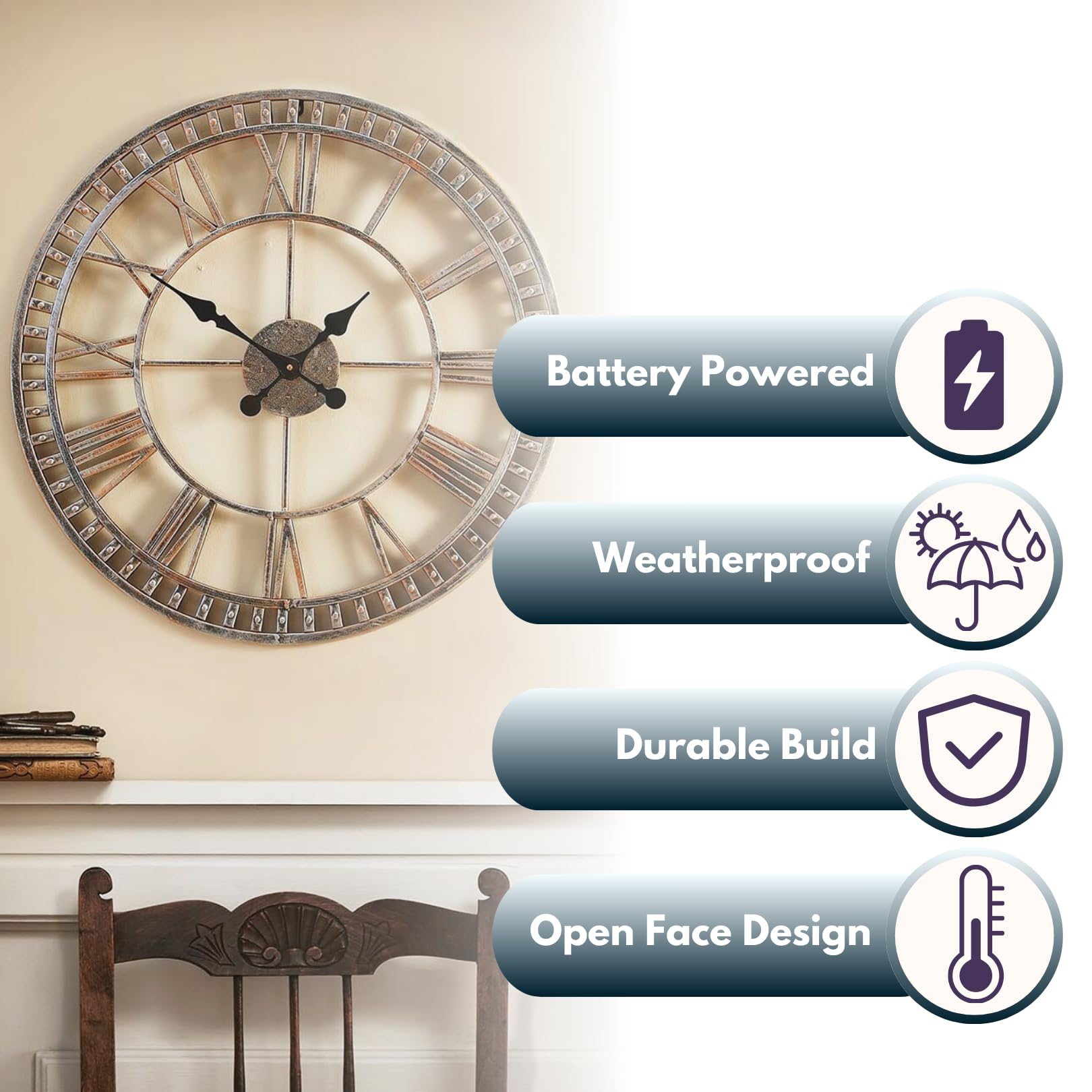 Garden Mile Horloge murale à chiffres romains ouverts de 60 cm pour extérieur/intérieur et extérieur - Étanche - Pour salon, cuisine, jardin