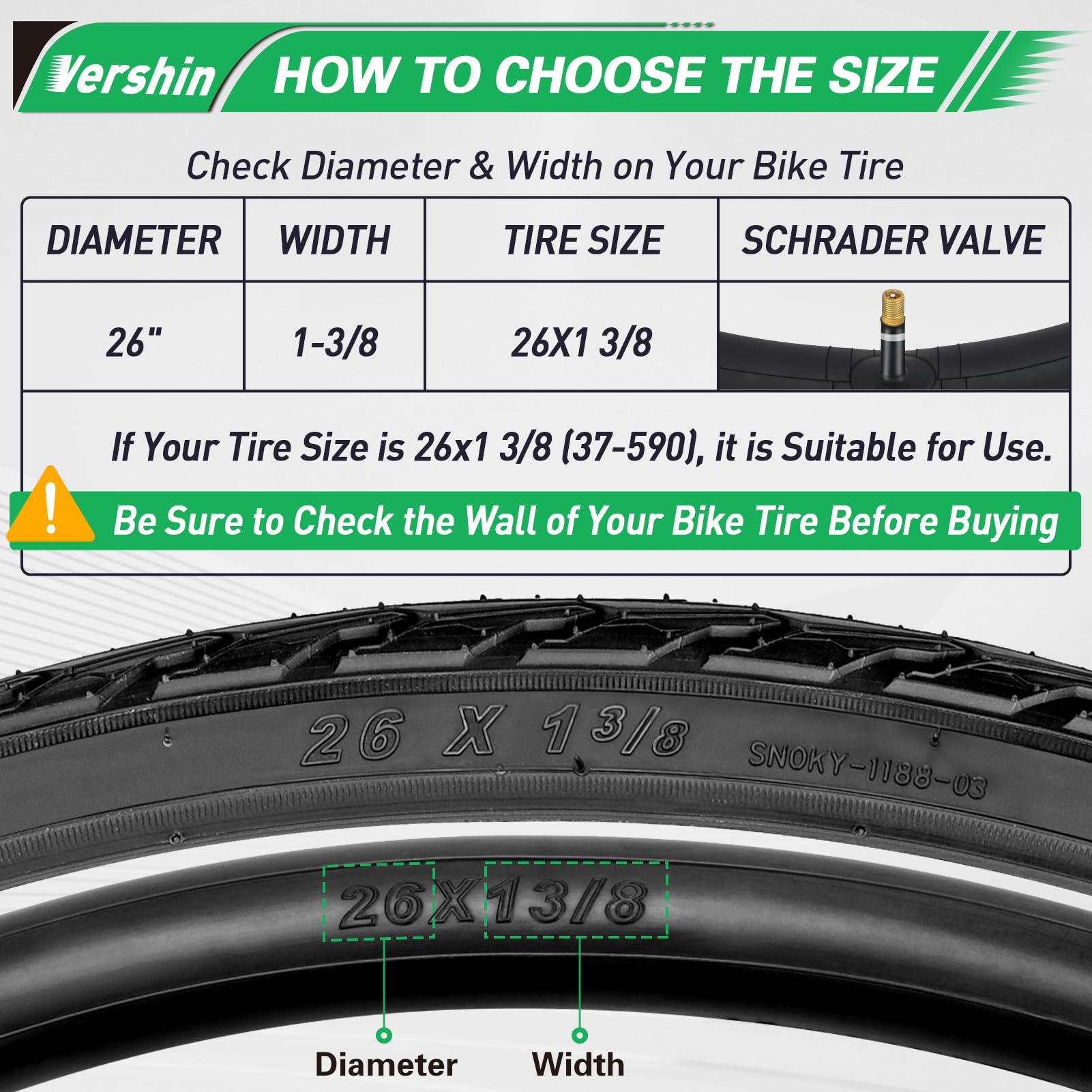 Vershin 26x1 3/8 Bike Tires & Tubes Set - 2 Tires, 2 Tubes, 2 Levers (37-590)