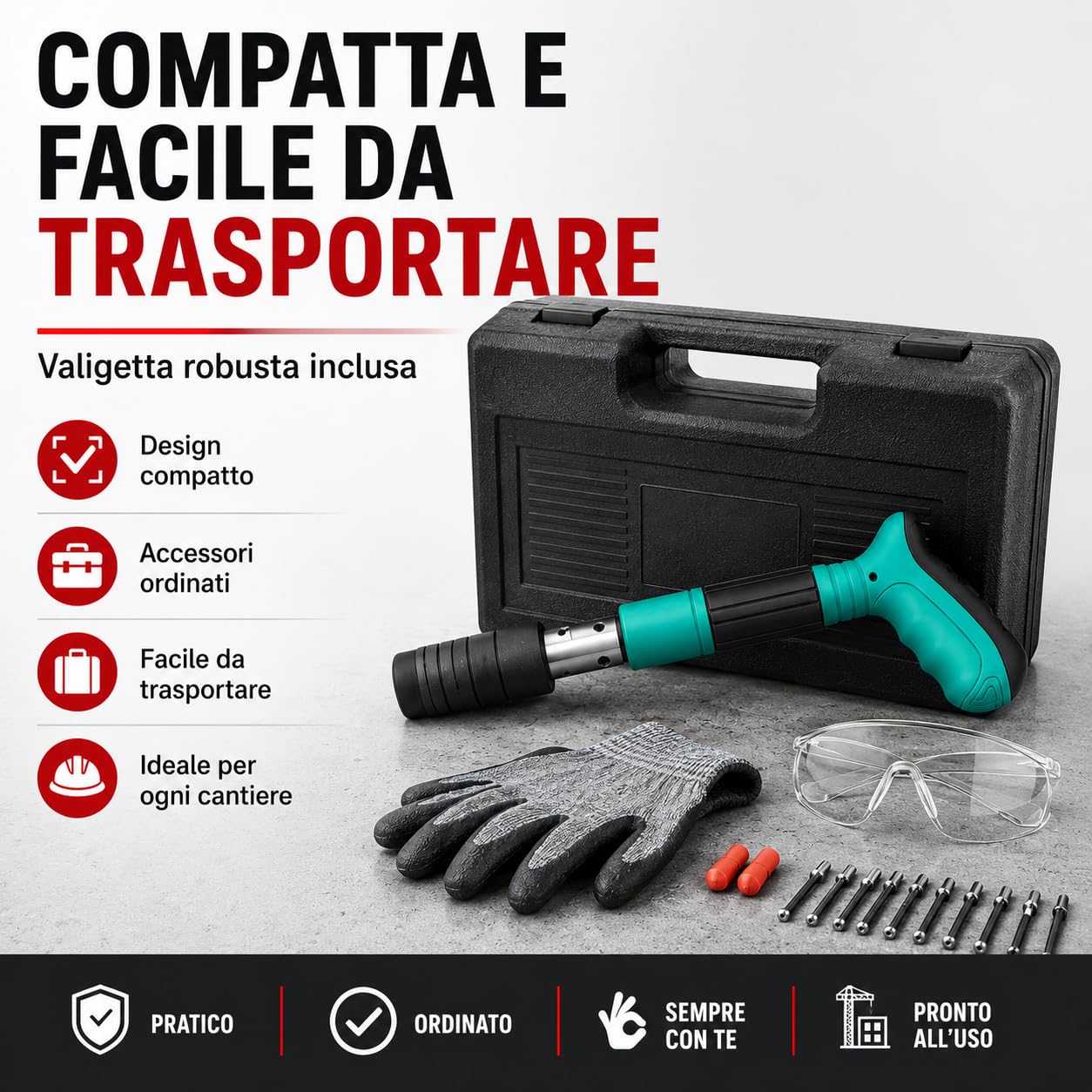 Rivettatrice Manuale Professionale - Pistola Sparachiodi ad Aria Compressa per Chiodi Tondi e Rivetti in Acciaio
