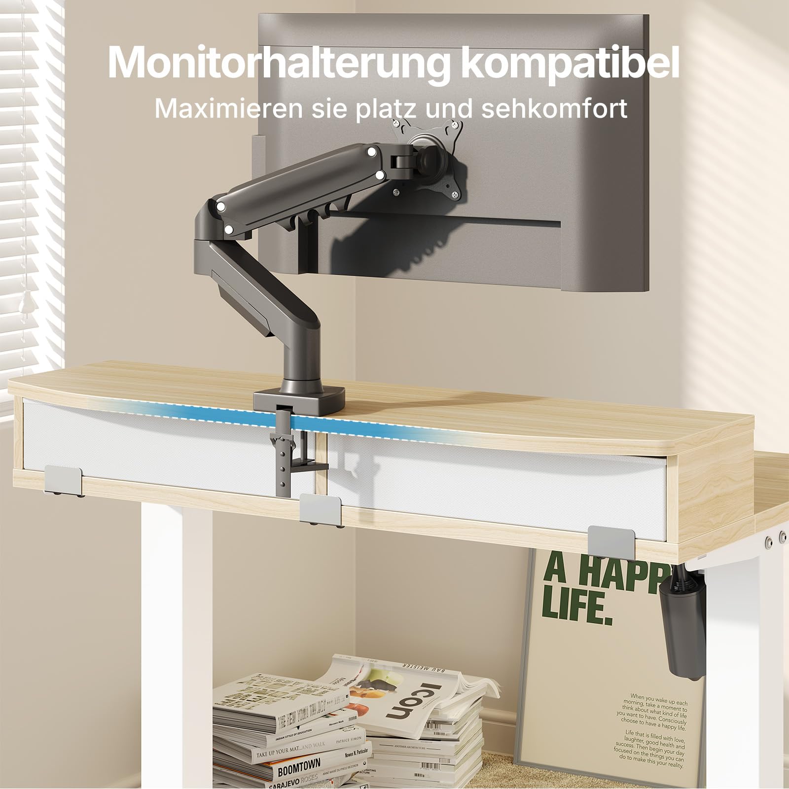 HUANUO Höhenverstellbarer Schreibtisch 80x53 cm mit Schubladen | kompatible C-Klemme-Halterung, 4 Gedächtnis-Höheneintellungen