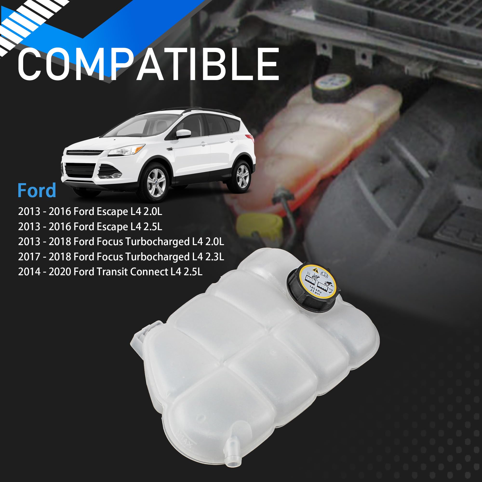 Engine Coolant Reservoir Tank With Cap - Fits Ford Focus, Escape, Transit Connect (OE 603278) - View #13