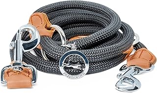 FREUDENTIER Hundeleine 2m - Führleine 3-Fach verstellbar - Robustes Nylon abgerundet mit stilvollen braunen Lederelementen - Leine Hund für mittelgroße & große Hunde (schwarz) product image