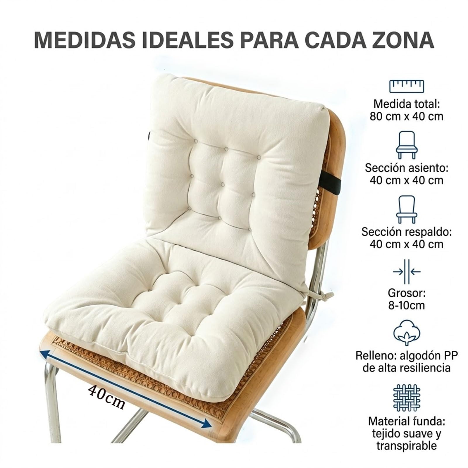 Genérico Cojín Silla con Respaldo 40x40cm, Suave Transpirable con Lazos, Cojín Asiento para Oficina Cocina Jardín Terraza, Grosor 8cm(Gris Claro)