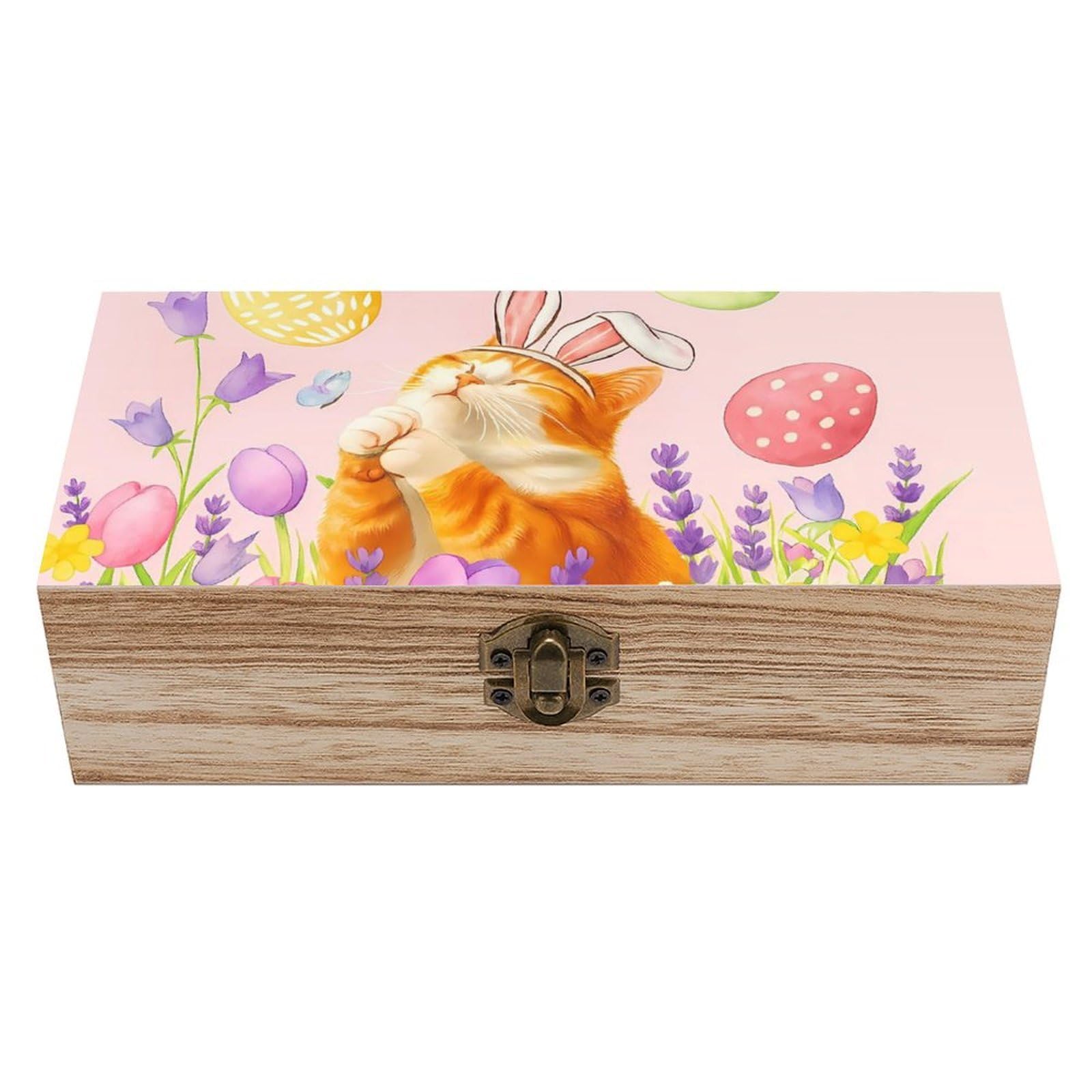 HLBSDM Easter Ginger Cat Wearing Bunny Ears Retro Wooden Storage Box Jewelry Art Gift Boxs Decorative Keepsake Boxes