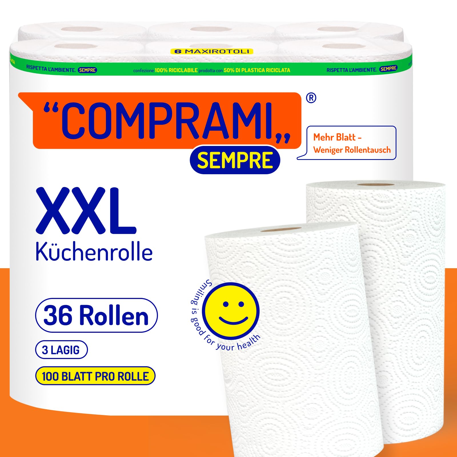 XXL Küchenrolle 3-lagig – 36 Rollen á 100 Blatt – saugstark, reißfest und weich - 100% Zellstoff - Ø: 14,8 cm/Höhe: 22,7 cm - Jumbo Küchenrollen – Comprami Küchentücher für Zuhause, Gewerbe, Industrie