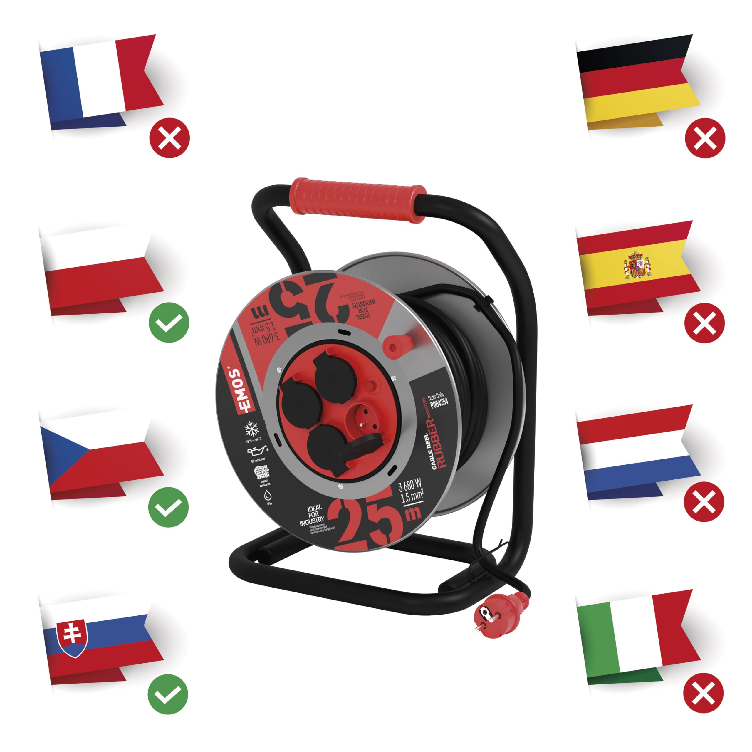 EMOS Przedłużacz bębnowy stalowy 25 m, 4 gniazda, IP44, wodoodporny, odporny na uderzenia i olej, 230 V 16 A 3680 W, H07RN-F 1,5 mm², zewnętrzny