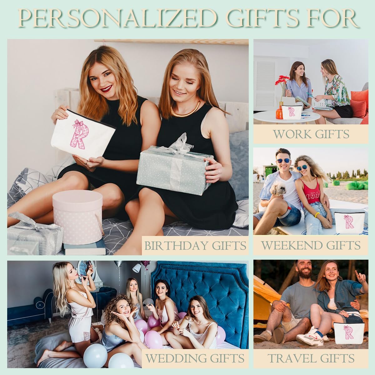 Pink Bow R, Alphabet Makeup Bag for Women, Washable Travel Organizer Toiletry Cosmetic Bag, Coquette Bow Letter Pattern Large Capacity Makeup Pouch with Zipper, Christmas Gifts for Women - Image 6