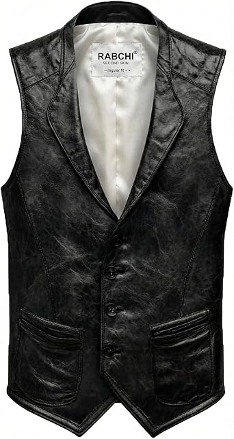 Mens Leather Vintage Vest - Genuine Lambskin Western Cowboy Waistcoat - Classic Club Style Leather Vest for Men