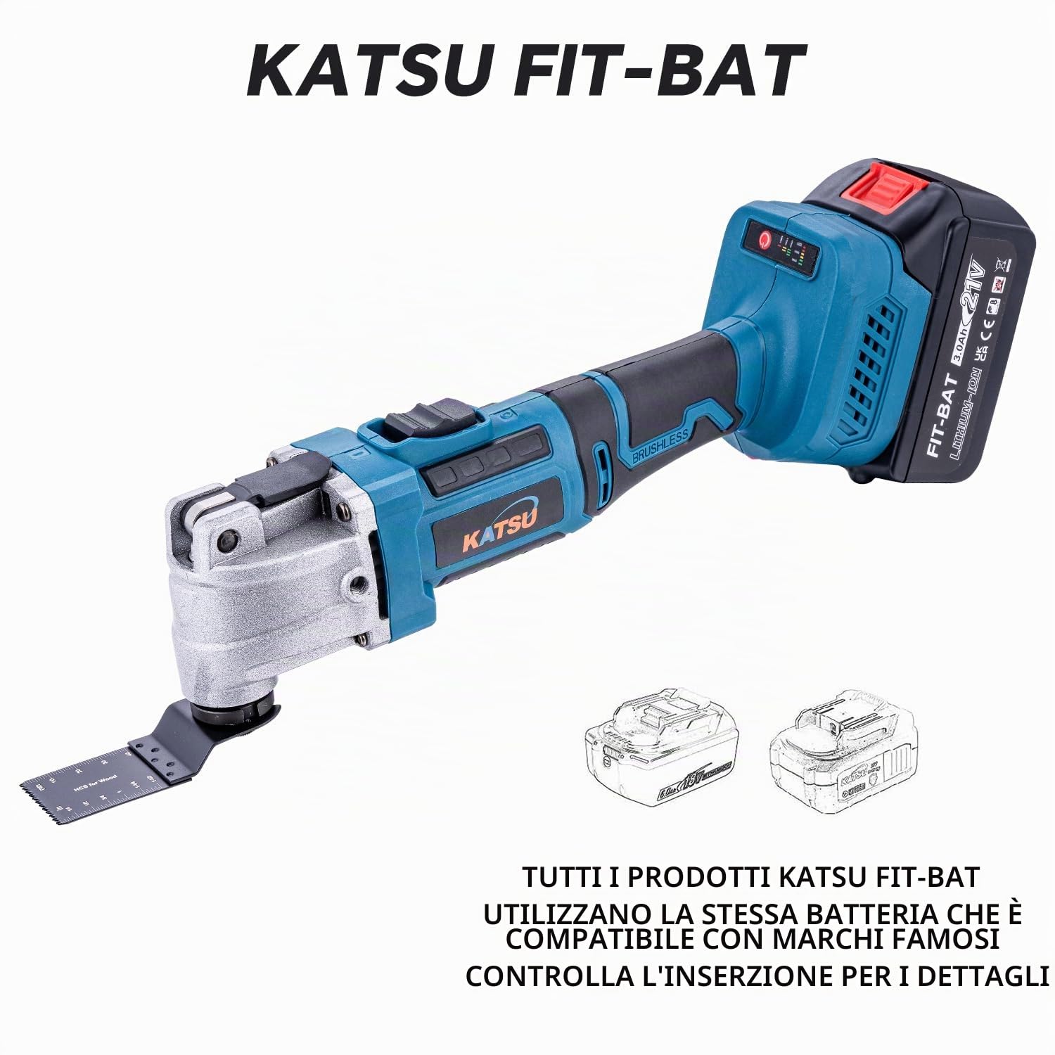 KATSU FIT-BAT 21V Utensile Multifunzione Oscillante a Batteria Brushless Motore con 3,0Ah Batteria e Caricabatterie, 6 Velocità, Sistema di Cambio Rapido, per Raschiatura Taglio Lucidatura