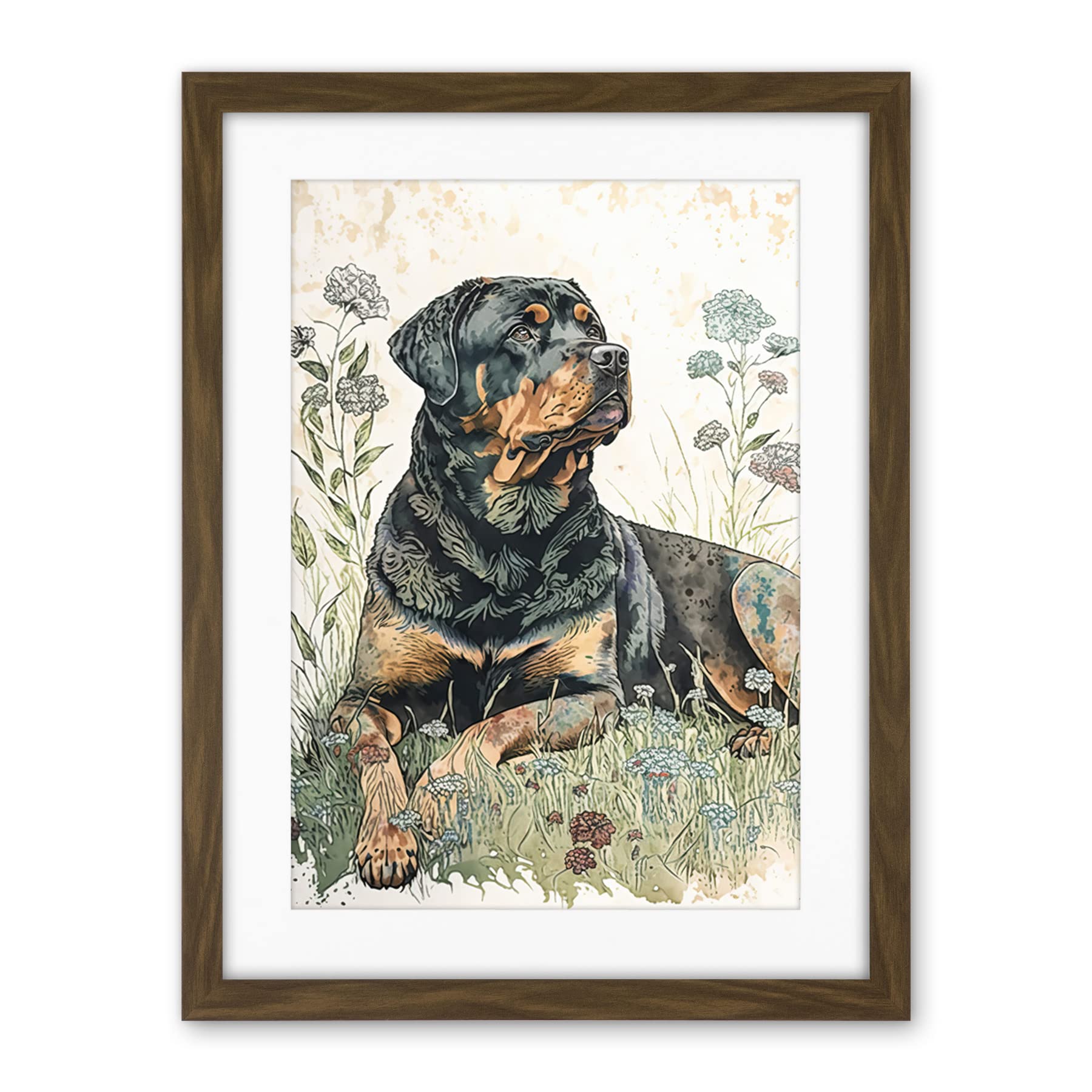 Artery8 Rottweiler Dog Lying in Wildflowers Bright Watercolour Illustration Artwork Framed Wall Art Print 18X24 Inch