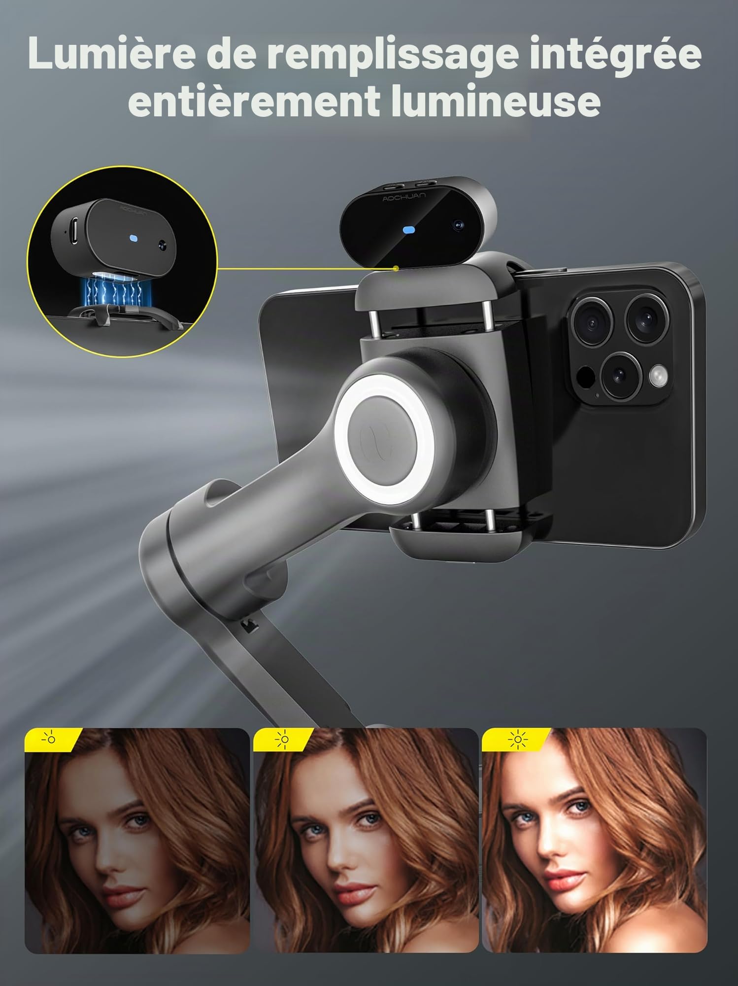 Stabilisateur de Smartphone AOCHUAN X Pro AI, stabilisateur 3 Axes pour iPhone et Android, capteur de Suivi IA (sans Application), écran OLED/lumière intégrée