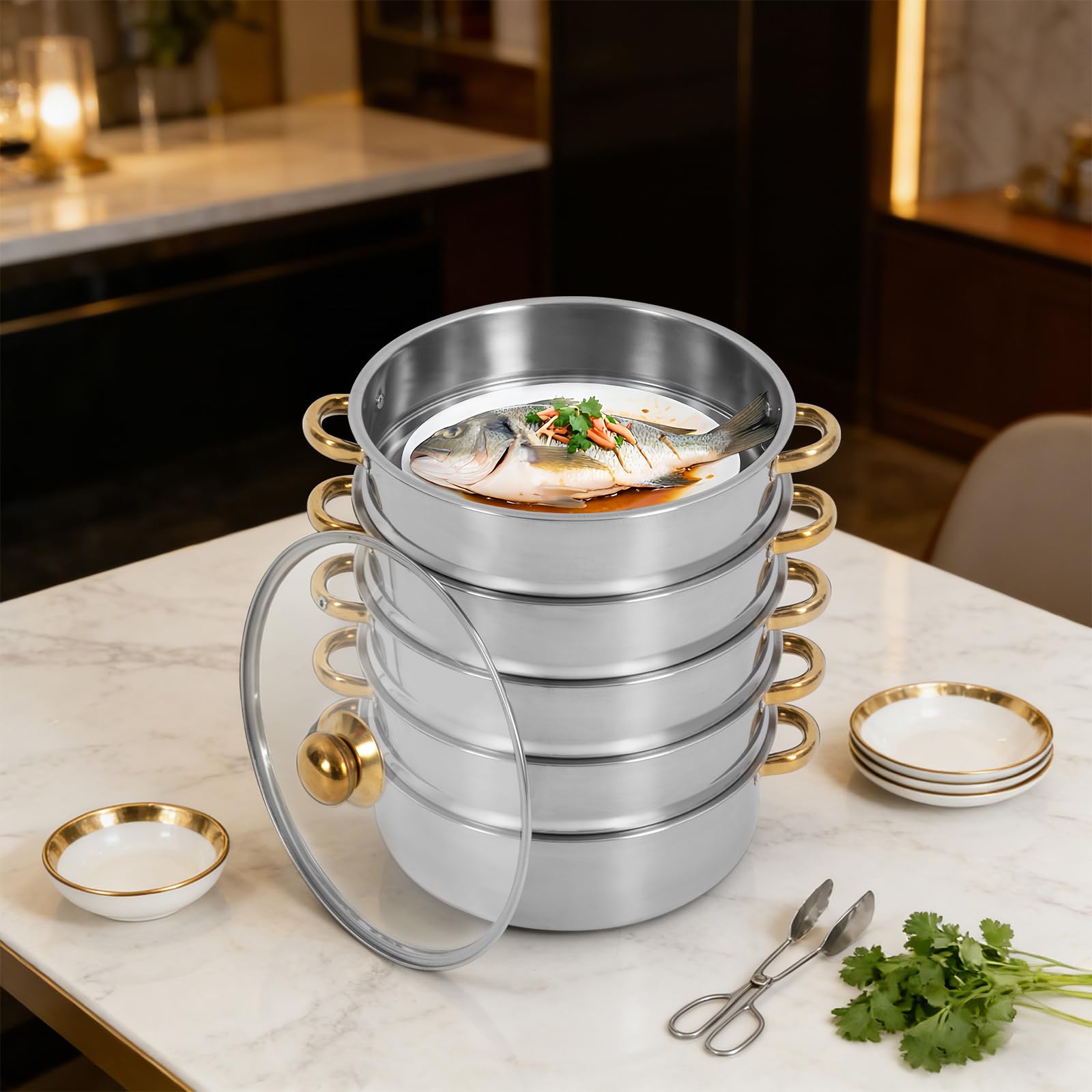 5-Ebenen Dampfgarer Topf Edelstahl mit Deckel 26 cm, 5L Rund, Freistehend