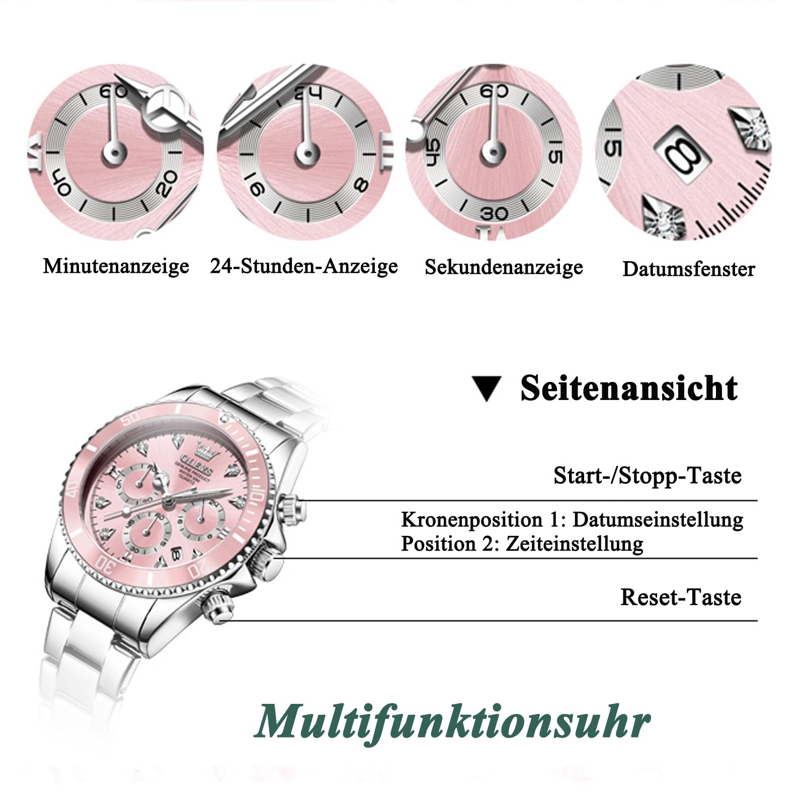 OLEVS Damenuhr Quarz Chronograph 38mm Silikonarmband wasserdicht Armbanduhr