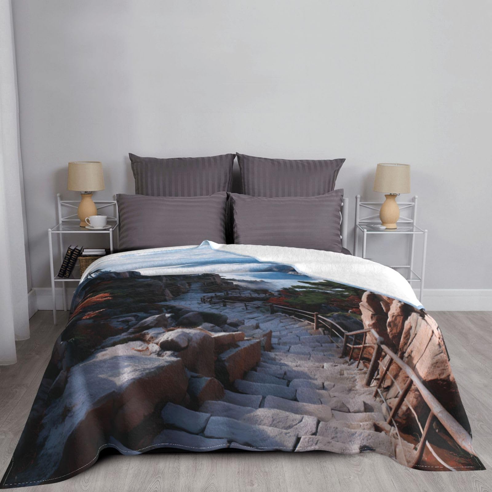 Manta de viaje portátil de 80 x 60 pulgadas, suave, resistente a las arrugas, plegable, exquisita impresión de carretera de montaña empinada