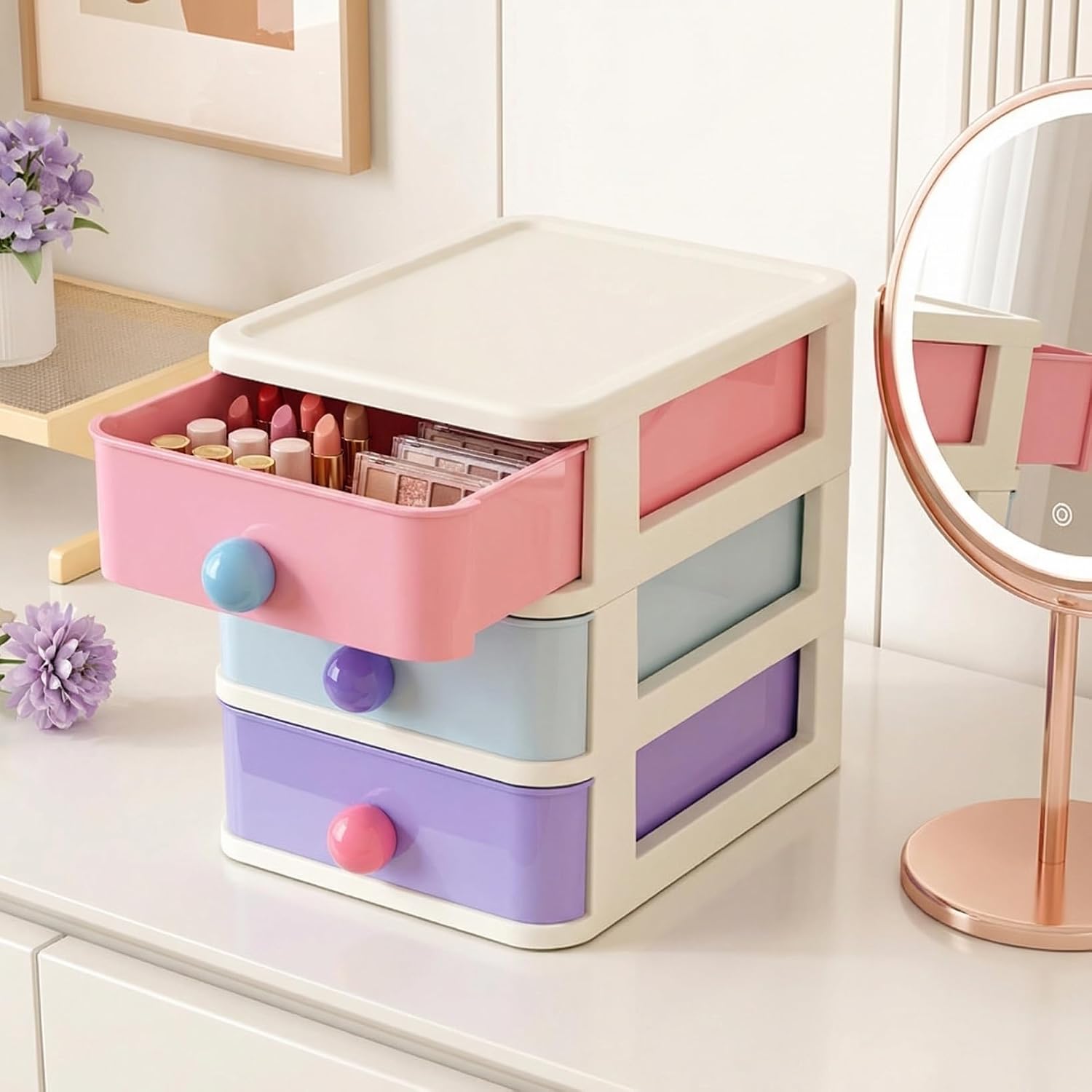 Stackable 3-tier Mini Drawer Tower Organizer for Desk – Compact Desktop Storage Box with Drawers, Vanity and Craft Storage Solution for Office, Dorm, and Small Spaces