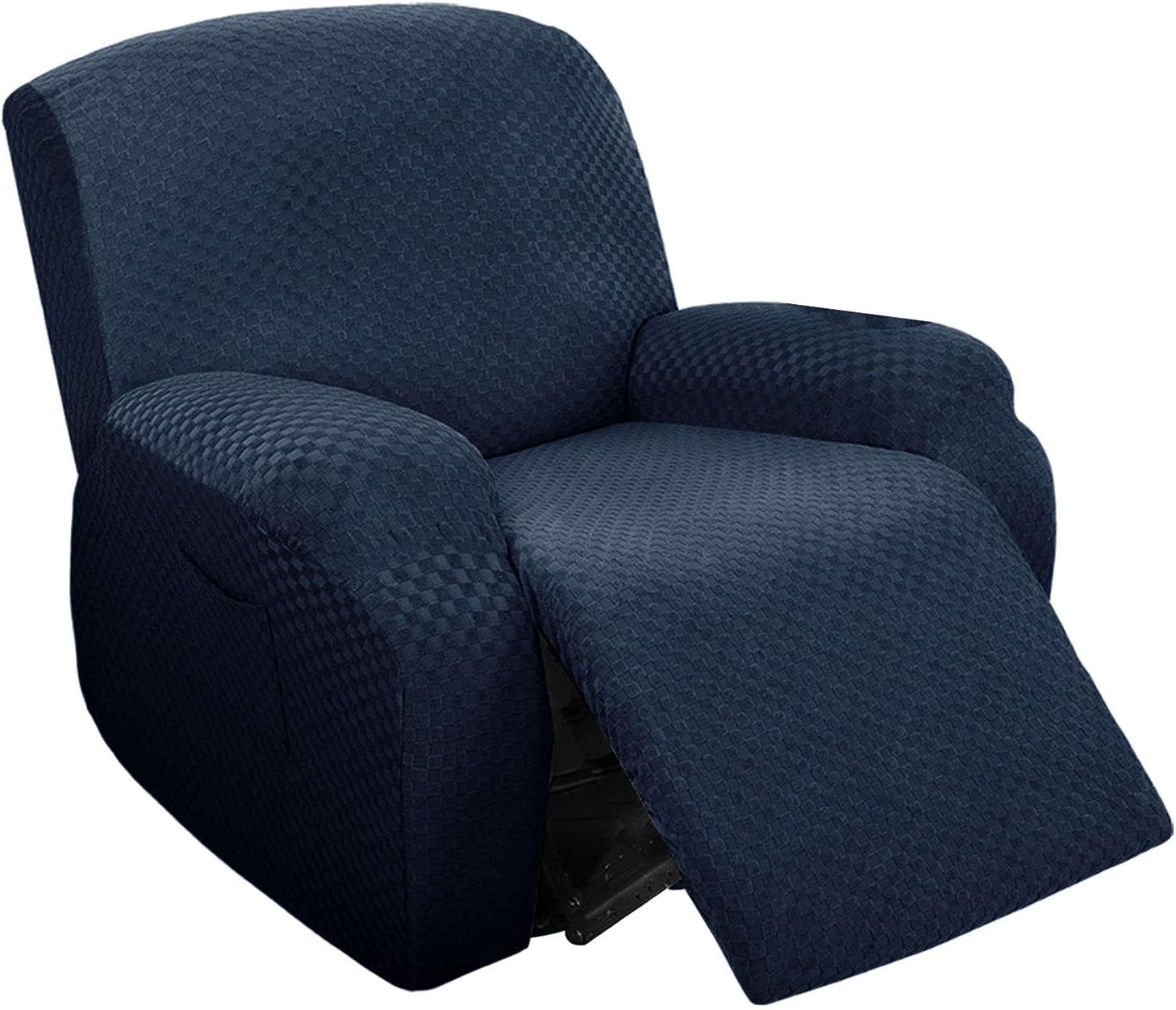 Jacquard Stretch Recliner Cover, 4-Piece Recliner Chair Cover with Side Pocket Recliner SlipCovers Soft Recliner Covers with Elastic Bottom Furniture Cover-Navy-Recliner Cover